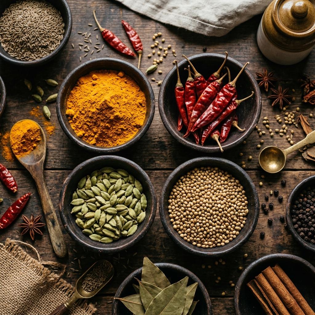 Fresh whole spices and mortar and pestle